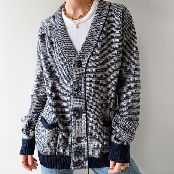 ‼️SOLD‼️ Vintage oversized v neck knit cardigan sweater navy blue cream - Picture 2 of 5